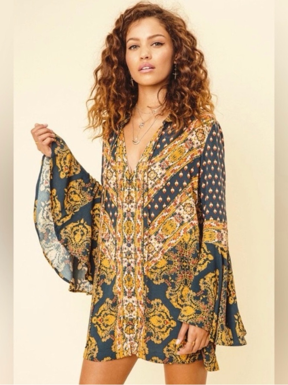 Free People Navy and Mustard Boho Printed Peasant Blouse - Picture 7 of 7